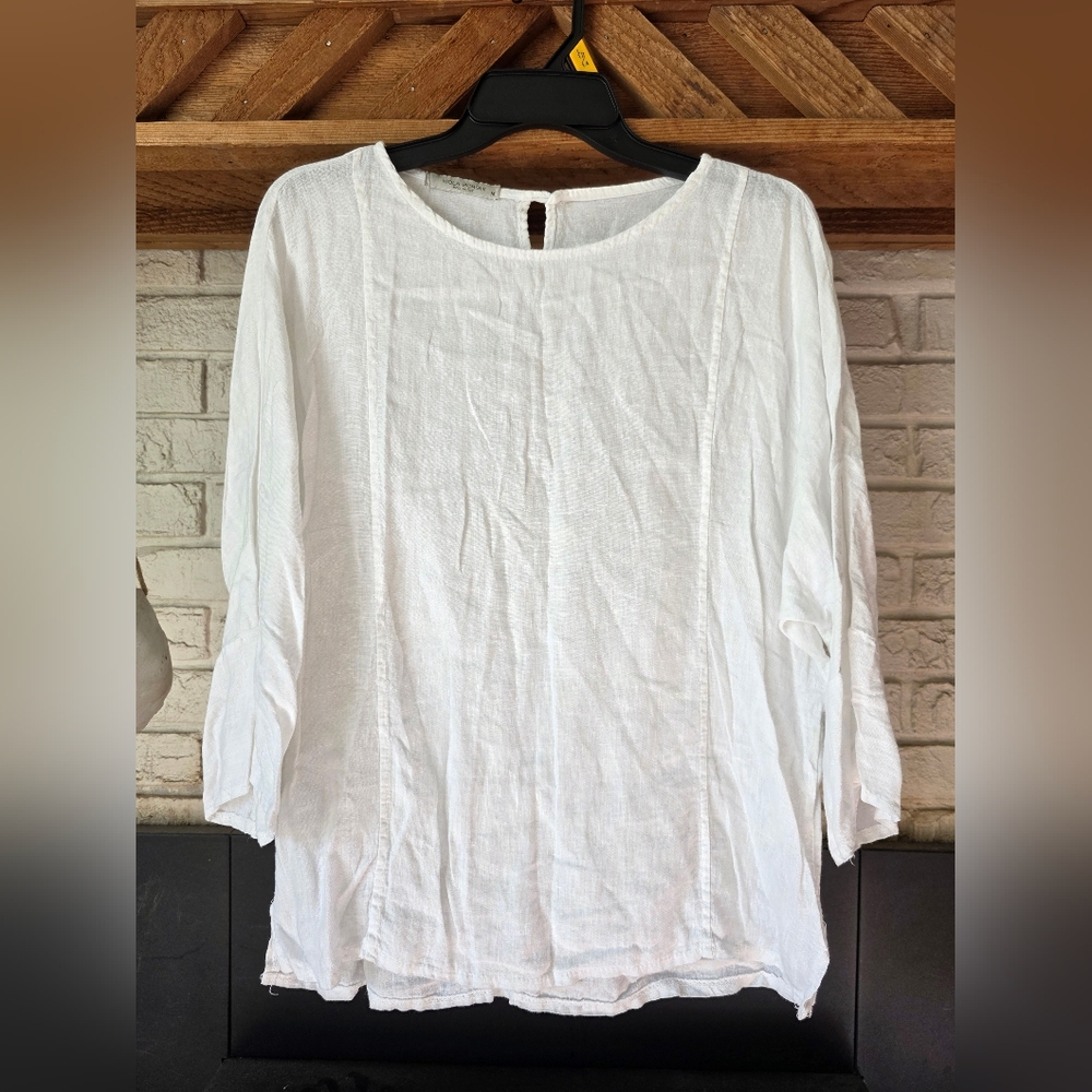 Viola Borghi Women's Linen Top Key Hole Neck 3/4 Sleeves Size M